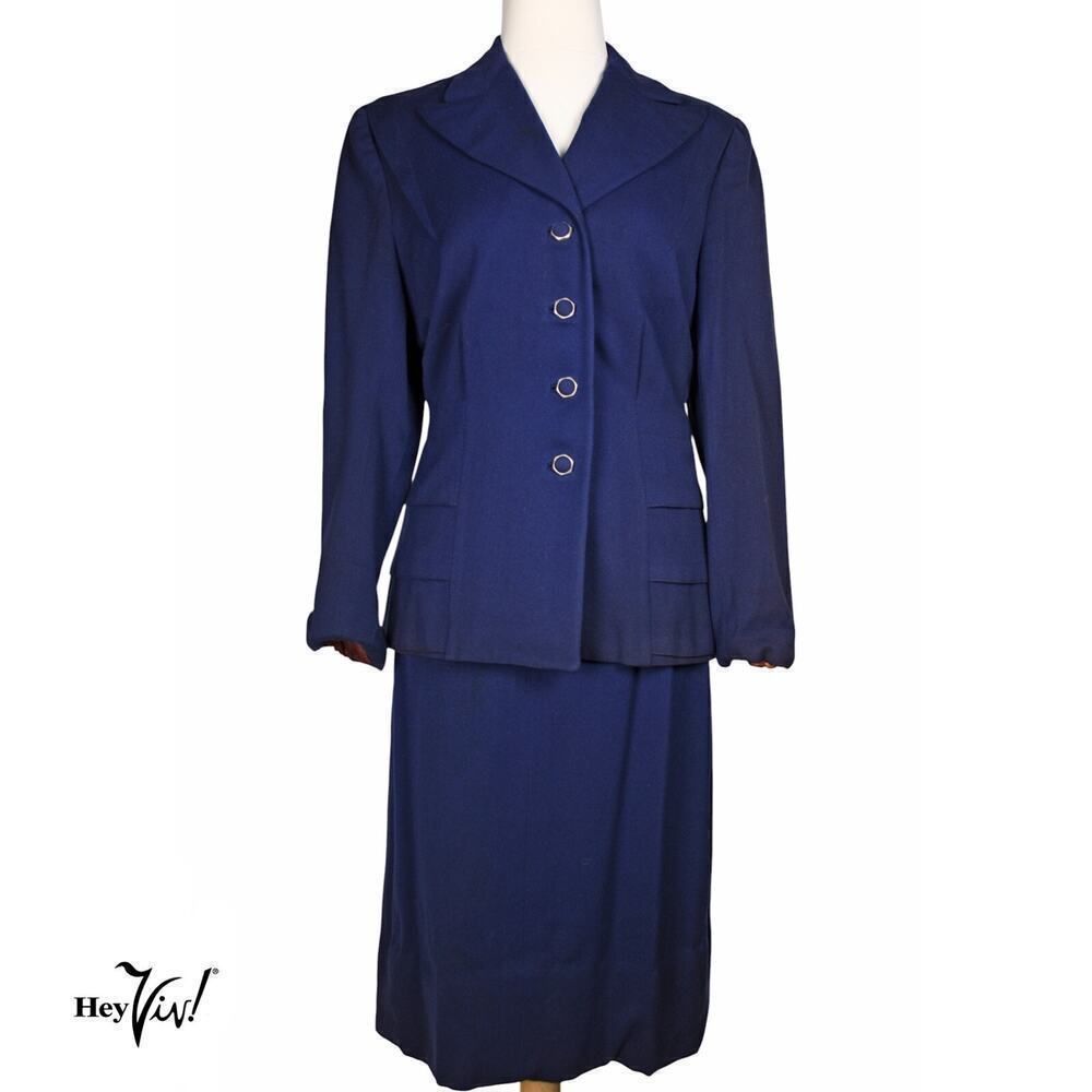 Vintage 1940s Womens 2 Pc Suit Blue Wool Wide Lapel Metal Zip B36 W28 - Hey Viv